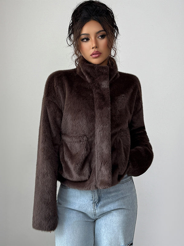 Long Sleeves Loose Pockets Solid Color Zipper Stand Collar Outerwear Sweater Tops