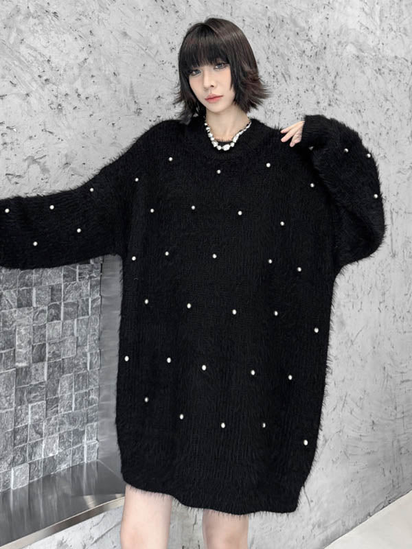 Long Sleeves Loose Beads Contrast Color Shiny Split-Joint Round-Neck Mini Dresses Sweater Dresses