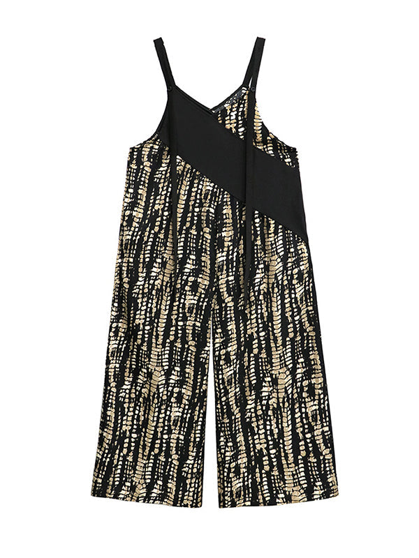 Loose Sleeveless Asymmetric Contrast Color Printed Split-Joint Spaghetti-Neck Overalls