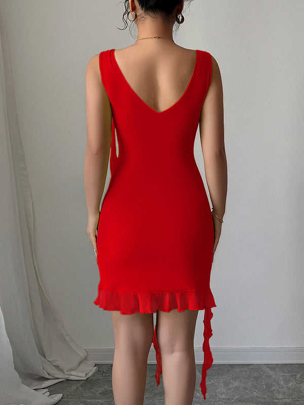 Bodycon High Waisted Pleated Solid Color V-Neck Mini Dresses