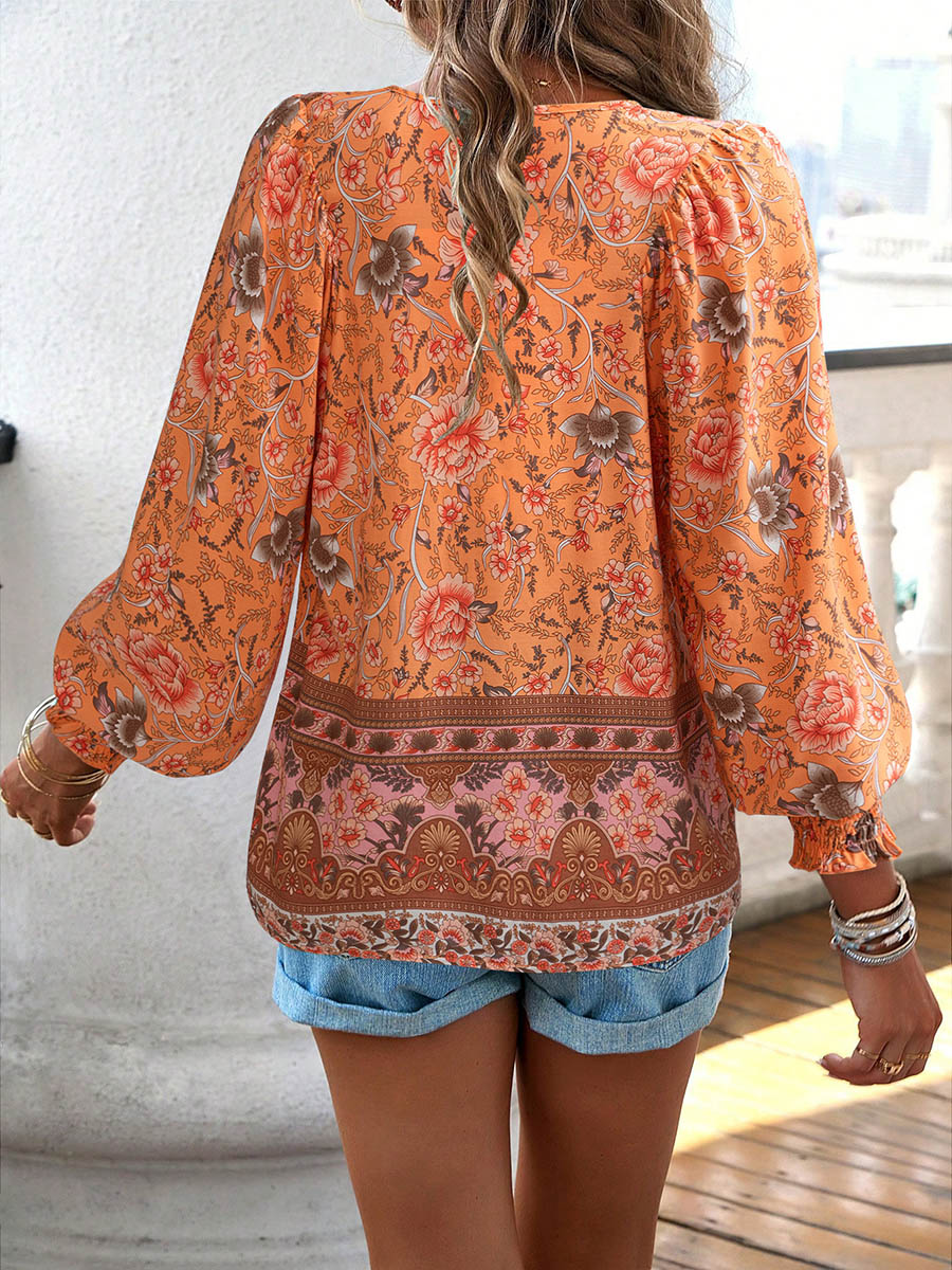 Long Sleeves Loose Contrast Color Drawstring Flower Print Pleated Split-Joint V-Neck Blouses&Shirts Tops