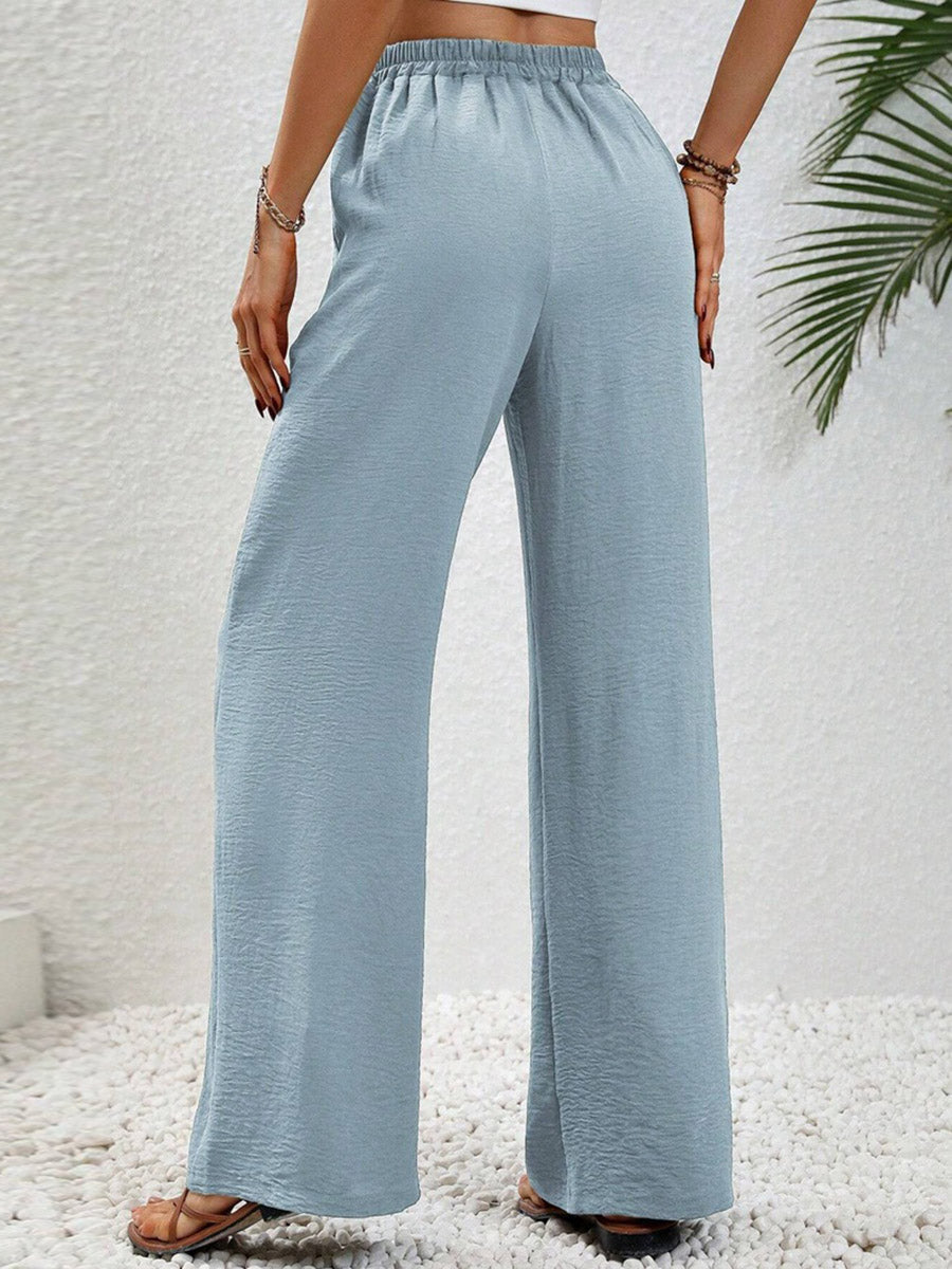 High Waisted Loose Elasticity Pleated Solid Color Tied Waist Pants Trousers
