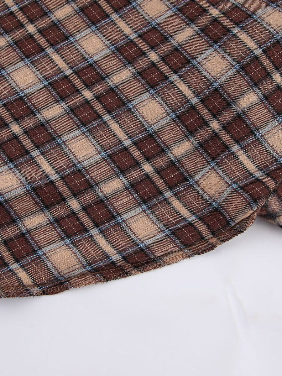 Long Sleeves Loose Buttoned Contrast Color Plaid Split-Joint Lapel Blouses&Shirts Tops Outerwear