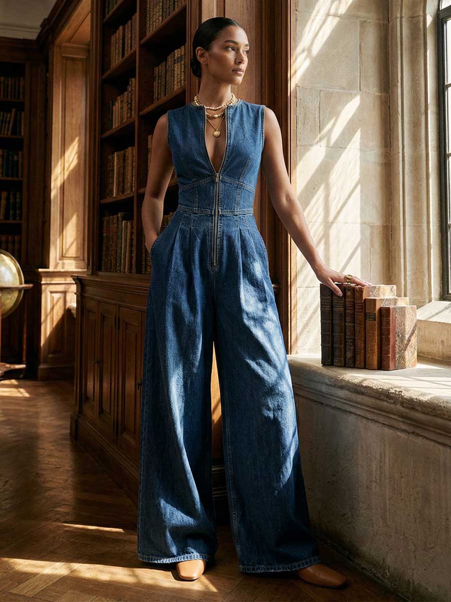 High Waisted Sleeveless Pleated Pockets Solid Color Zipper Round-Neck Jumpsuits
