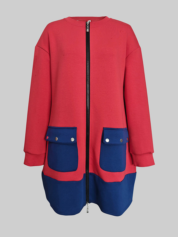 Long Sleeves Loose Contrast Color Pockets Split-Joint Zipper Round-Neck Midi Dresses