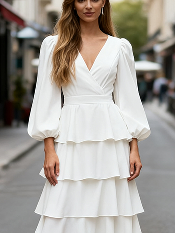 A-Line High Waisted Layered Solid Color V-Neck Maxi Dresses