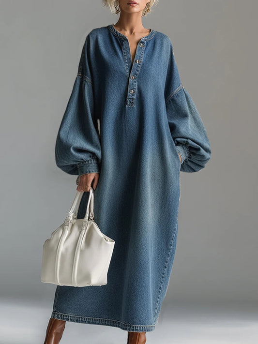 Long Sleeves Loose Buttoned Pockets Solid Color V-Neck Maxi Dresses