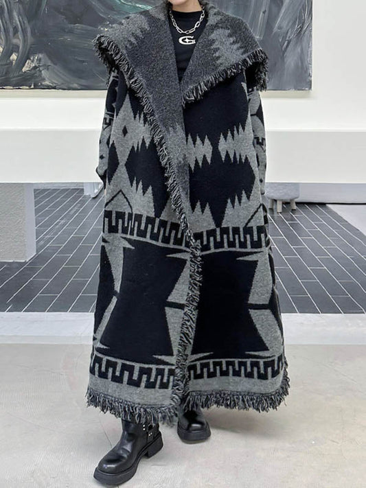 Long Sleeves Loose Contrast Color Geometric Split-Joint Tasseled Lapel Outerwear Overcoat