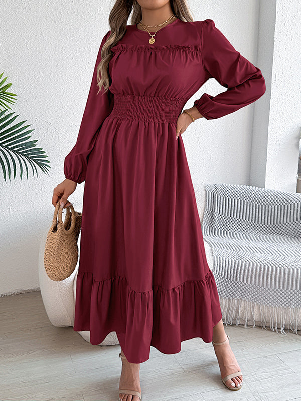 A-Line Elasticated Waist Pleated Solid Color Round-Neck Maxi Dresses