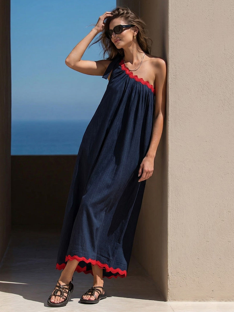 A-Line Loose Pleated Pockets Split-Joint Tied One-Shoulder Maxi Dresses