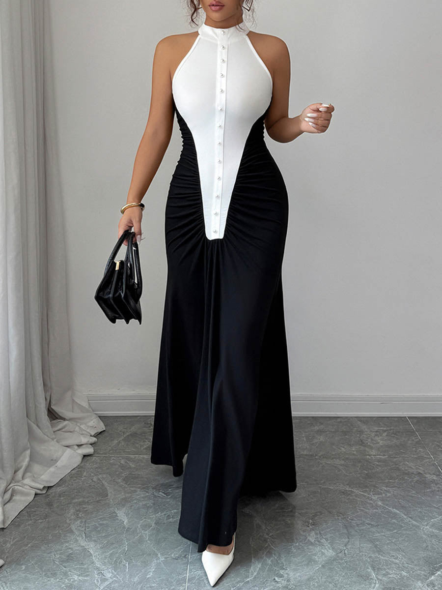 High Waisted Sleeveless Buttoned Contrast Color Pleated Split-Joint Halter-Neck Maxi Dresses