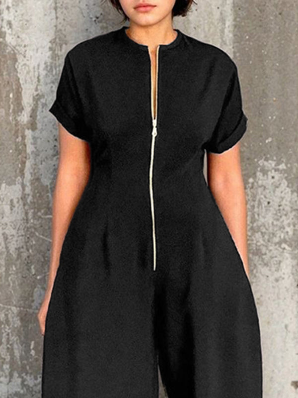 Short Sleeves Wide Leg Elasticity Pleated Split-Joint Zipper Round-Neck Jumpsuits