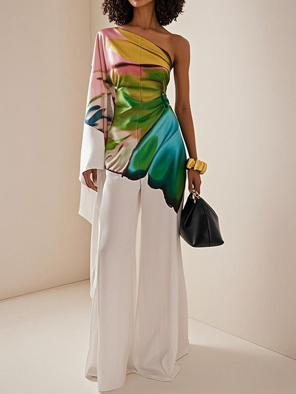Long Sleeves Loose Flower Print Pleated Pockets One-Shoulder Jumpsuits