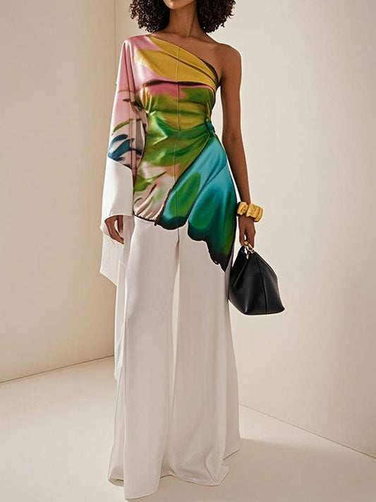 Long Sleeves Loose Flower Print Pleated Pockets One-Shoulder Jumpsuits
