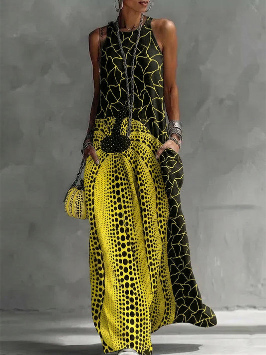 Loose Sleeveless Pockets Polka-Dot Printed Round-Neck Maxi Dresses