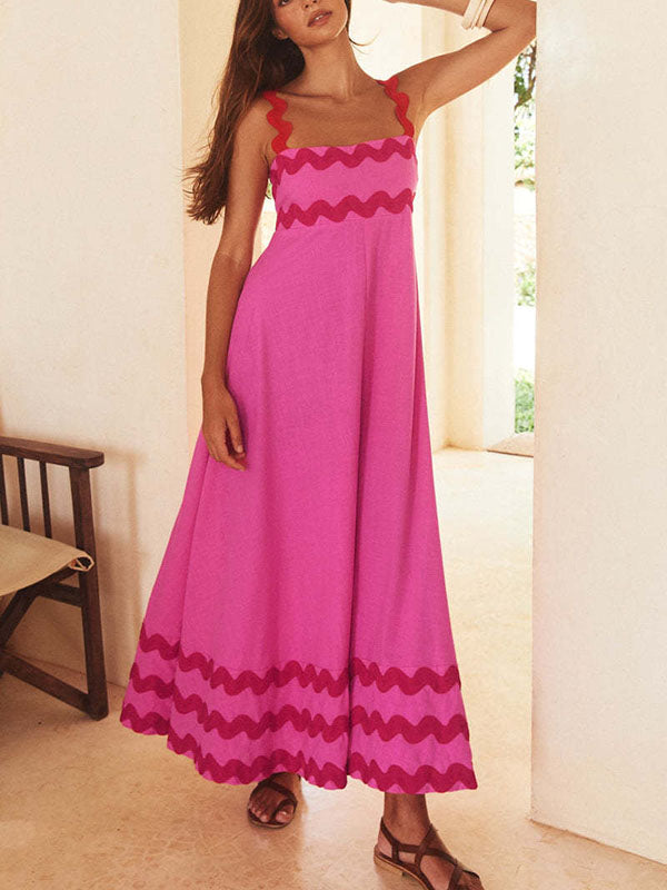 A-line High Waisted Contrast Color Zipper Square-neck Maxi Dresses Midi Dresses
