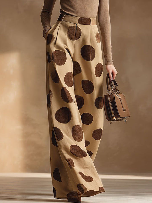 High Waisted Wide Leg Pleated Pockets Polka-Dot Pants Trousers