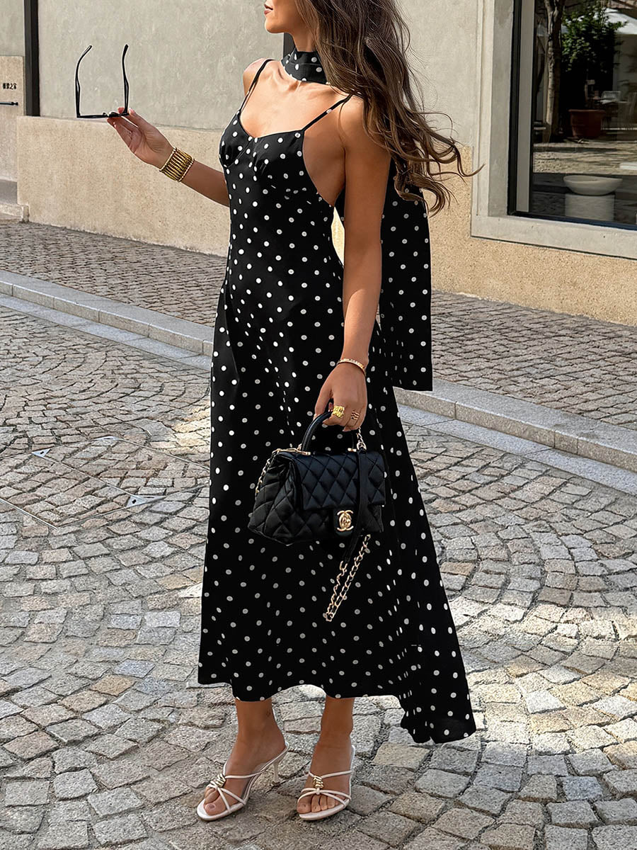 A-Line High Waisted Backless Contrast Color Polka-Dot Split-Joint Halter-Neck Midi Dresses