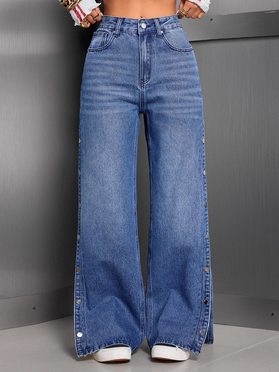 High Waisted Wide Leg Buttoned Pockets Solid Color Jean Pants Bottoms