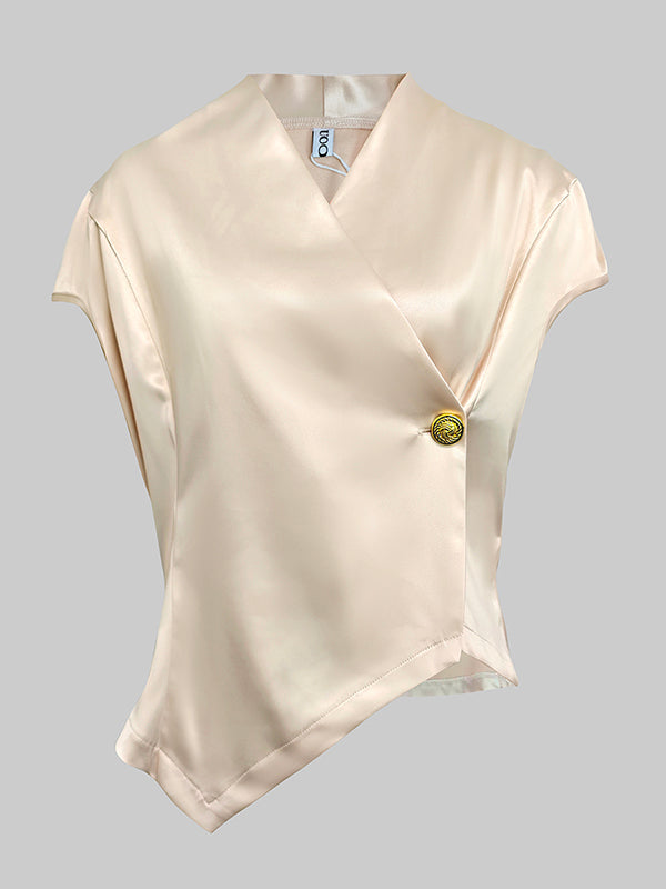 Cap Sleeve Loose Buttoned Solid Color V-Neck Vest Top