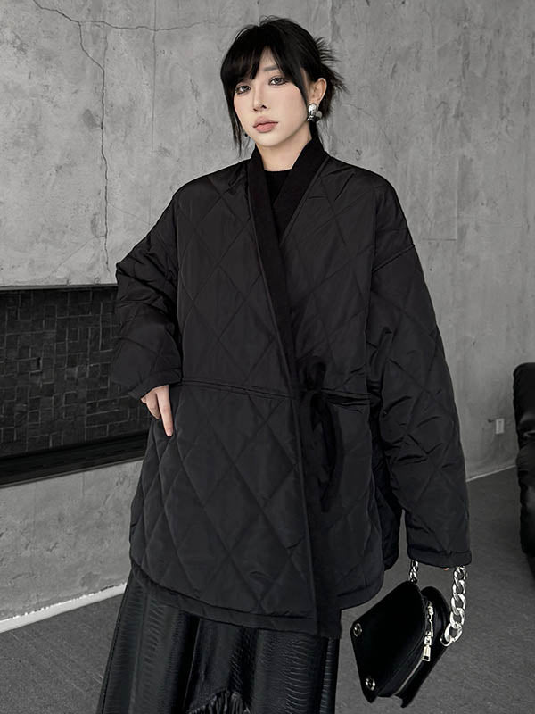 Long Sleeves Loose Plaid Quilted Solid Color Split-Joint Tied Collarless Outerwear Padded Coat