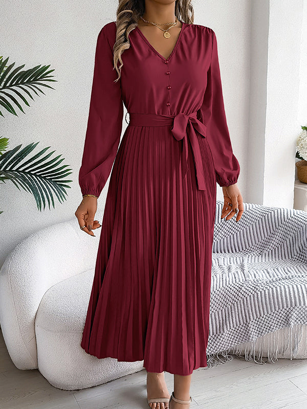 High Waisted Long Sleeves Belted Buttoned Pleated Solid Color V-Neck Maxi Dresses