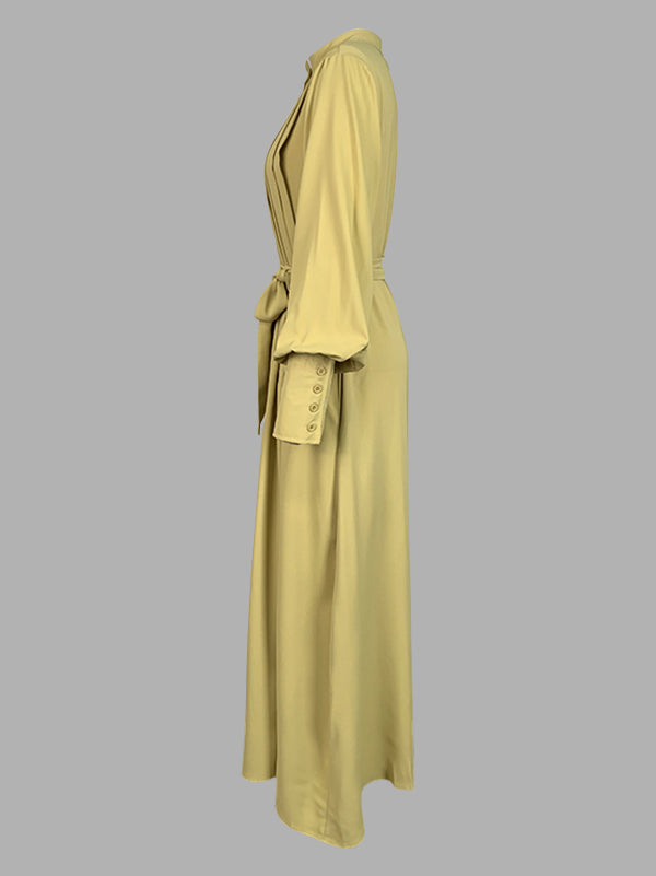 A-Line Long Sleeves Buttoned Pleated Pockets Solid Color Tied Waist V-Neck Maxi Dresses