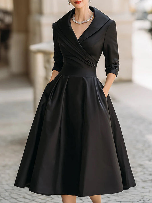 A-Line Three-Quarter Sleeves Pleated Pockets Solid Color V-Neck Midi Dresses