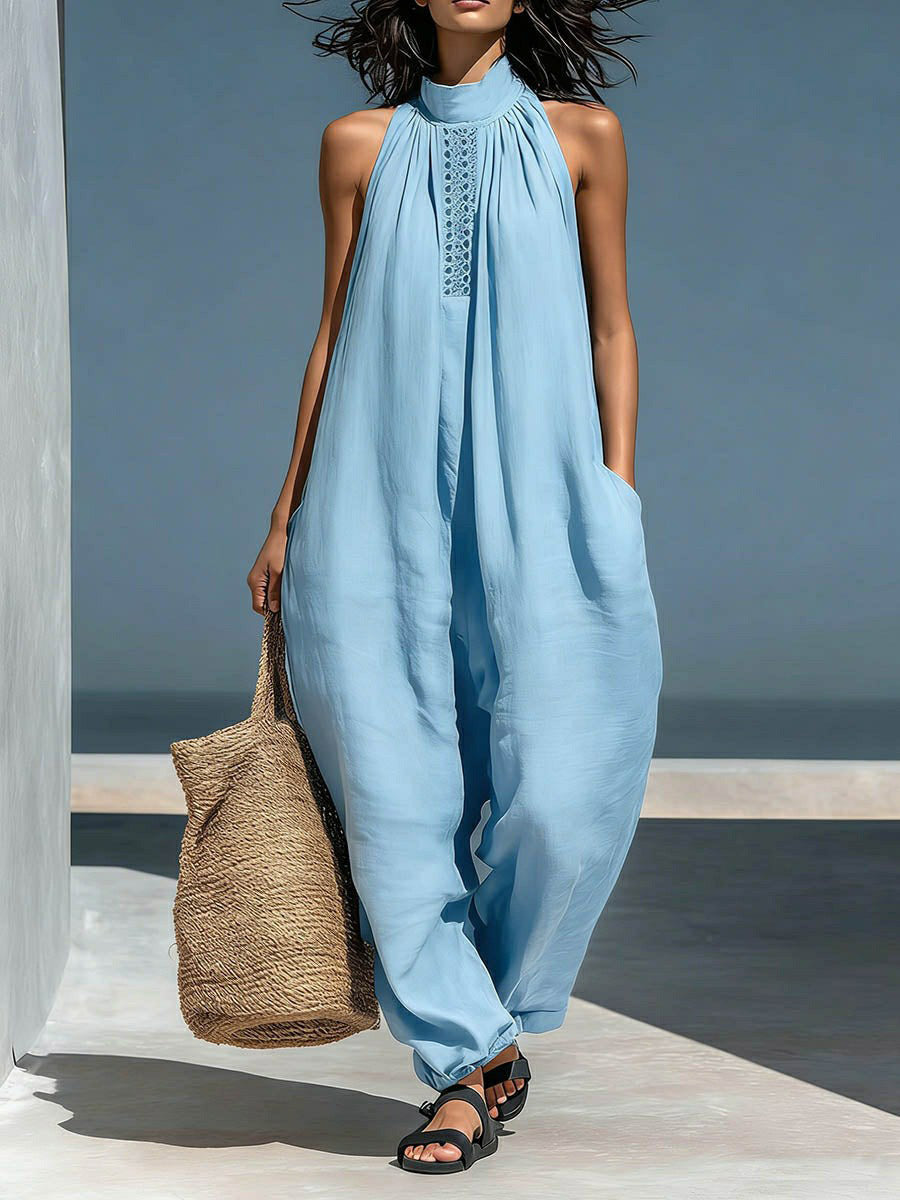 Loose Sleeveless Hollow Pockets Solid Color Mock Neck Jumpsuits