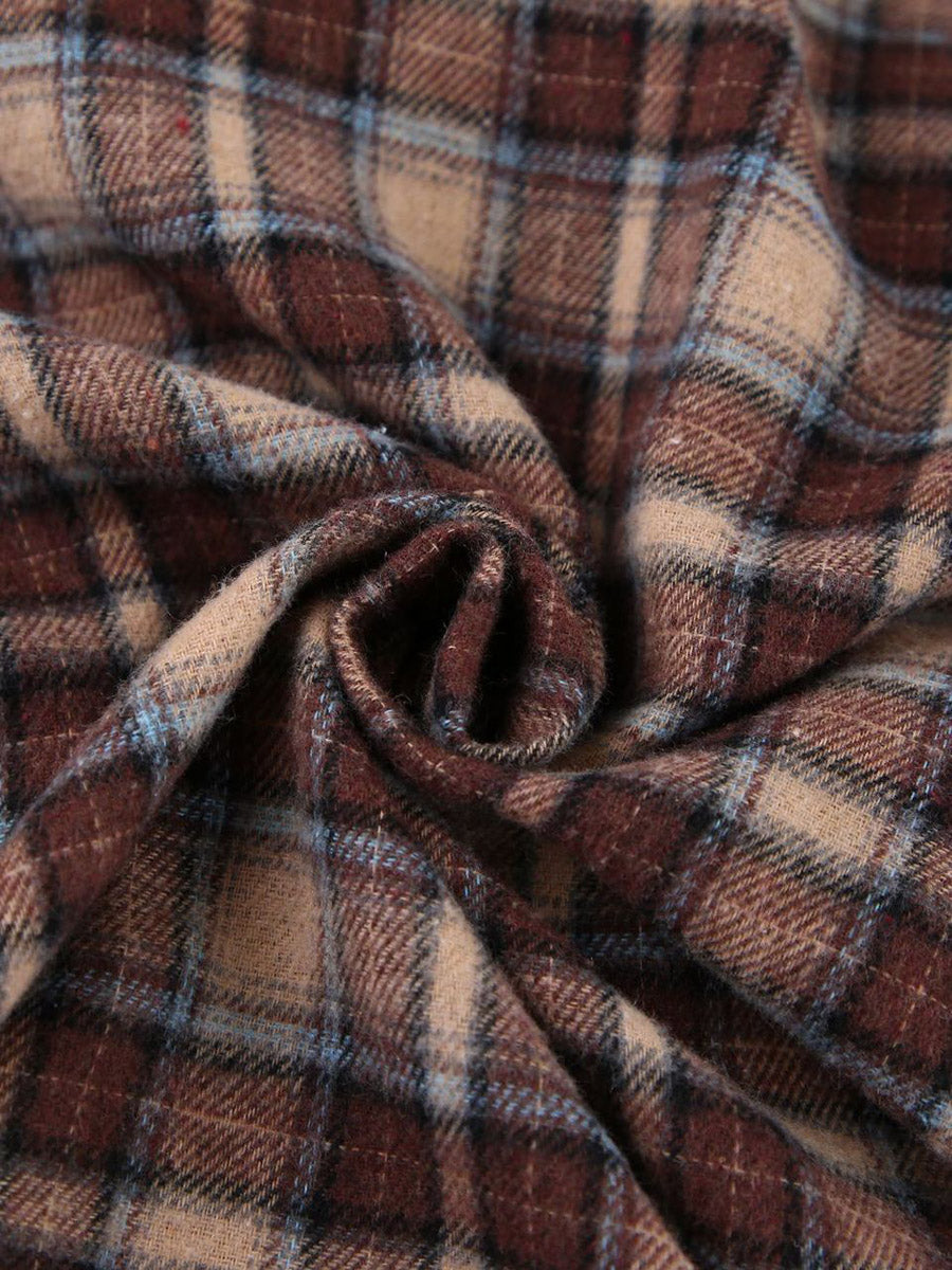 Long Sleeves Loose Buttoned Contrast Color Plaid Split-Joint Lapel Blouses&Shirts Tops Outerwear