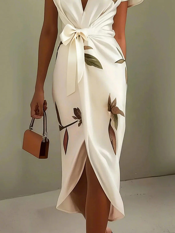 Raglan Sleeve Asymmetric Pleated Printed Split-Joint V-Neck Midi Dresses