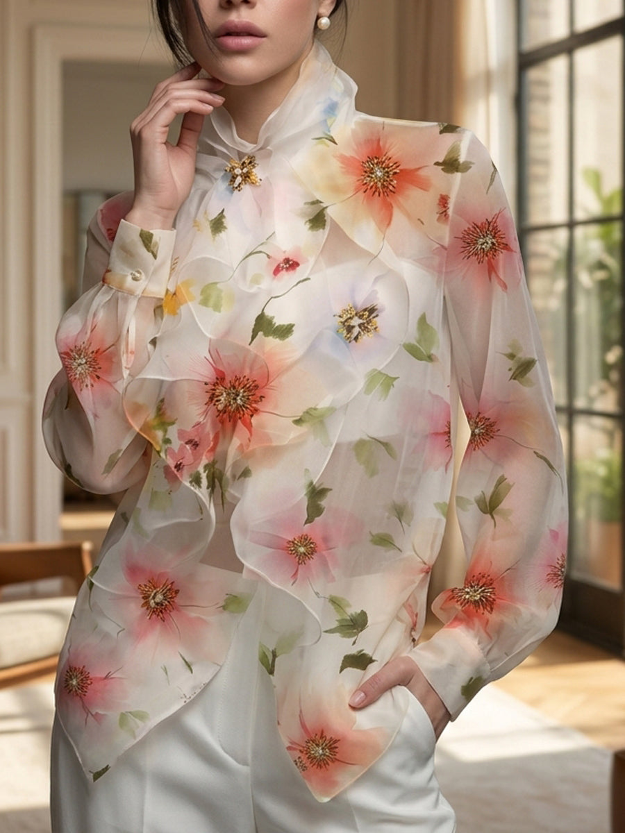 Long Sleeves Loose Flower Print Ruffled Tied Stand Collar Blouses&Shirts Tops