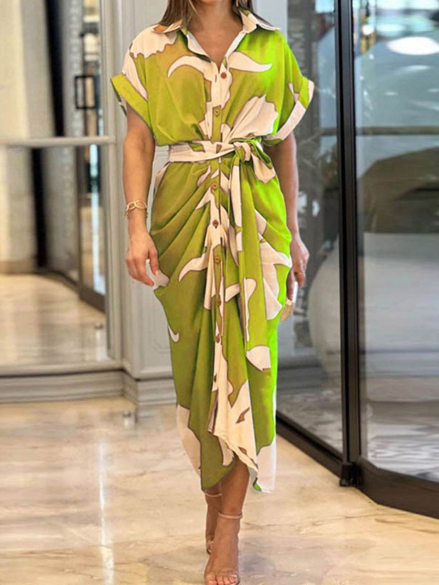 Elasticated Waist High Waisted Buttoned Pleated Solid Color Split-Joint Tied Waist Lapel Maxi Dresses Shirt Dress