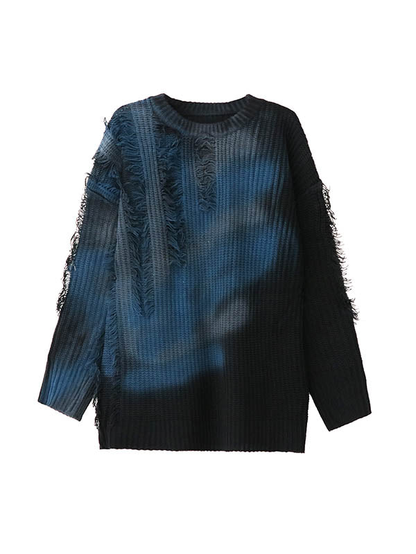 Irregularity Long Sleeves Abstract Printed Asymmetric Contrast Color Split-Joint Tasseled Round-Neck Sweater Tops