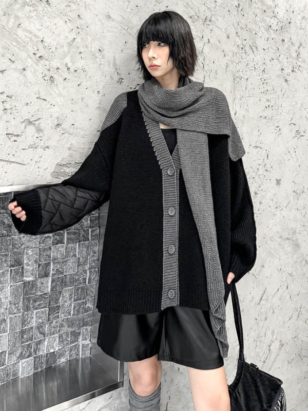 Long Sleeves Loose Buttoned Contrast Color Reversible Split-Joint Collarless Cardigan Tops Outerwear