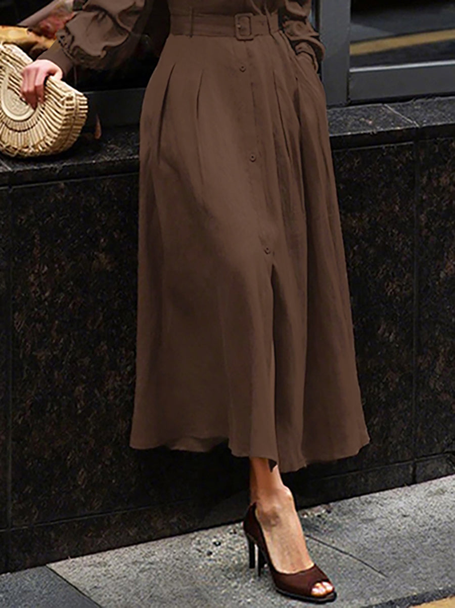 Loose Puff Sleeves Pleated Solid Color Split-Joint Lapel Maxi Dresses Shirt Dress