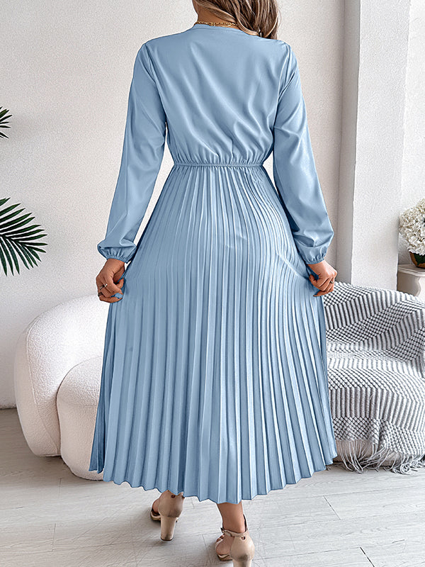 Elasticated Waist High Waisted Pleated Solid Color V-Neck Midi Dresses