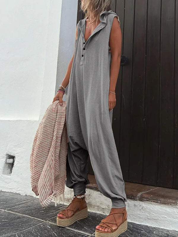 Hooded Loose Buttoned Solid Color V-neck Jumpsuits