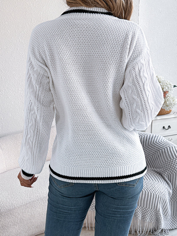 Long Sleeves Puff Sleeves Cable Knit Contrast Color Split-Joint V-Neck Knit Top Sweater Tops