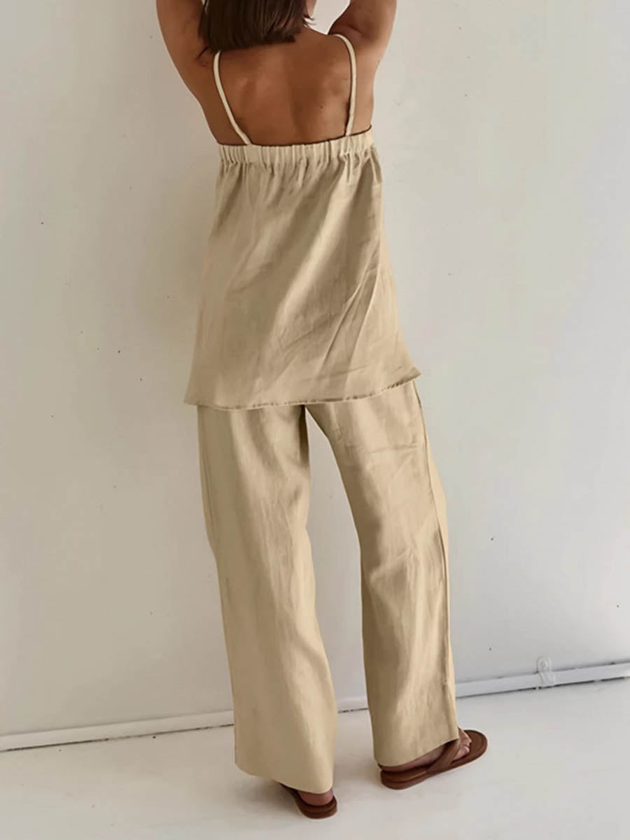 High Waisted Loose Elasticity Solid Color Spaghetti-Neck Vest Top +Pants Bottom Suits