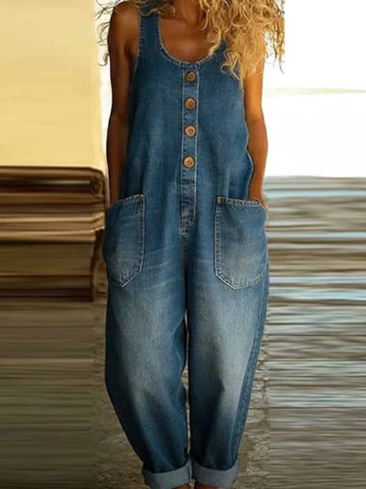 Loose Plus Size Buttoned Pockets Solid Color Split-Joint U-Neck Overalls