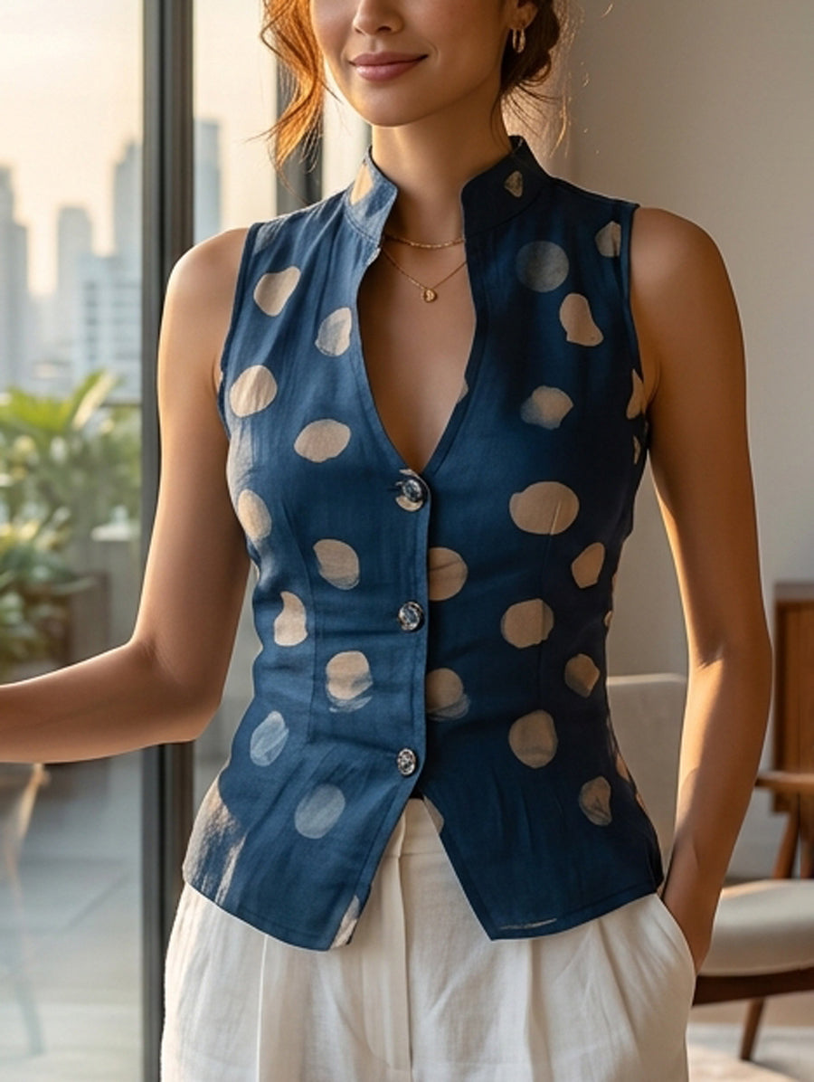 Sleeveless Buttoned Polka-Dot Stand Collar Vest Top