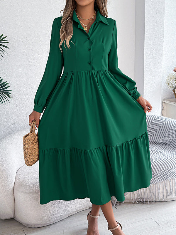 High Waisted Long Sleeves Pleated Ruffled Solid Color Lapel Midi Dresses Shirt Dress