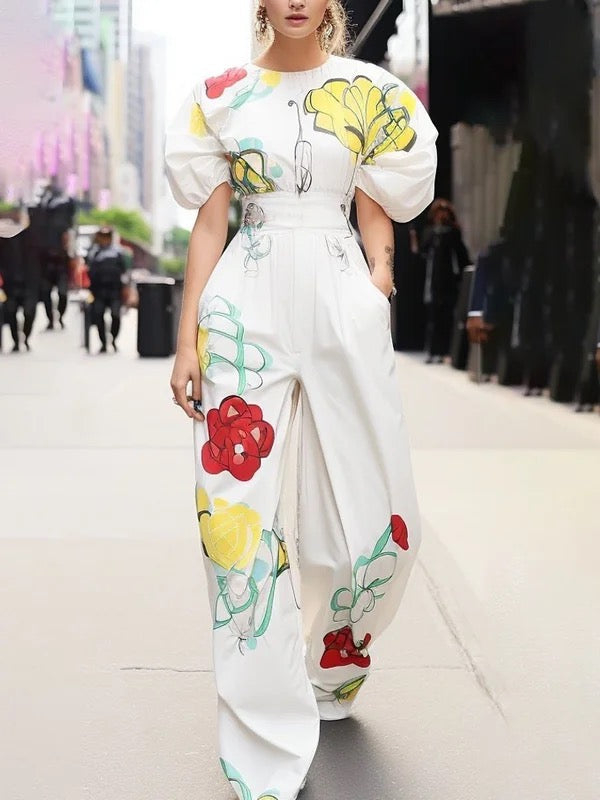 Half Sleeves Puff Sleeves Elasticity Flower Print Pleated Round-neck Blouses&shirts Tops
