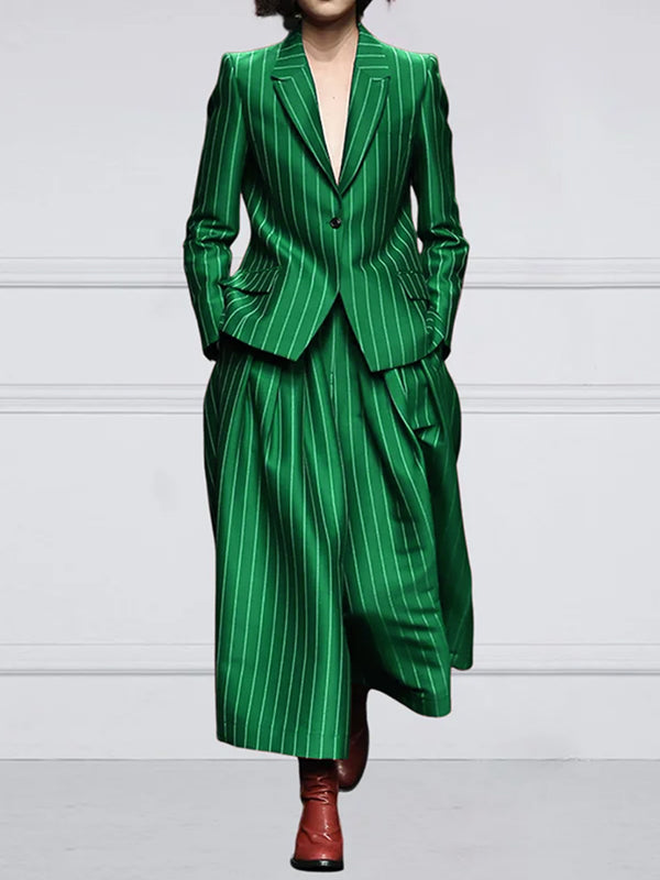Long Sleeves Loose Striped Notched Collar Blazer Outerwear