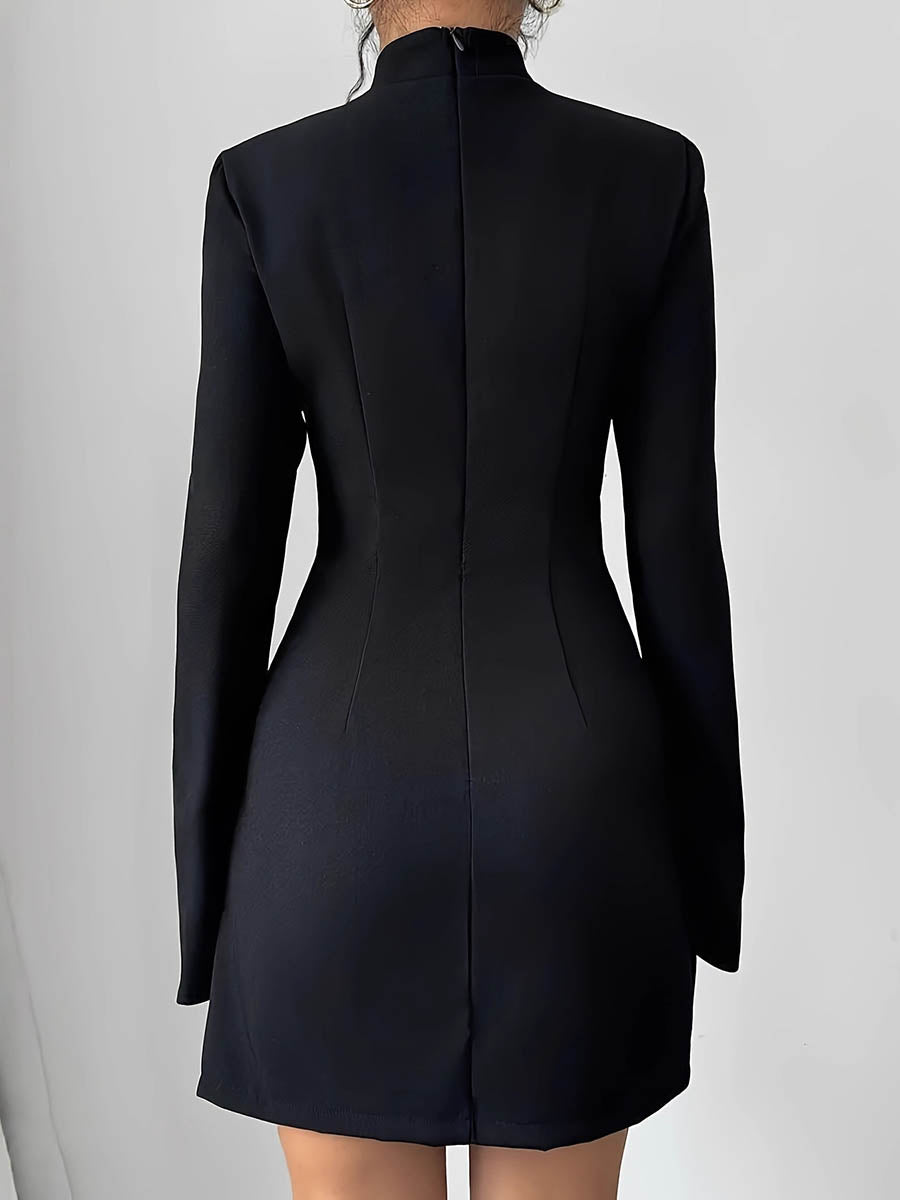 A-Line Flared Sleeves Contrast Color Pockets Split-Joint Zipper Mock Neck Mini Dresses