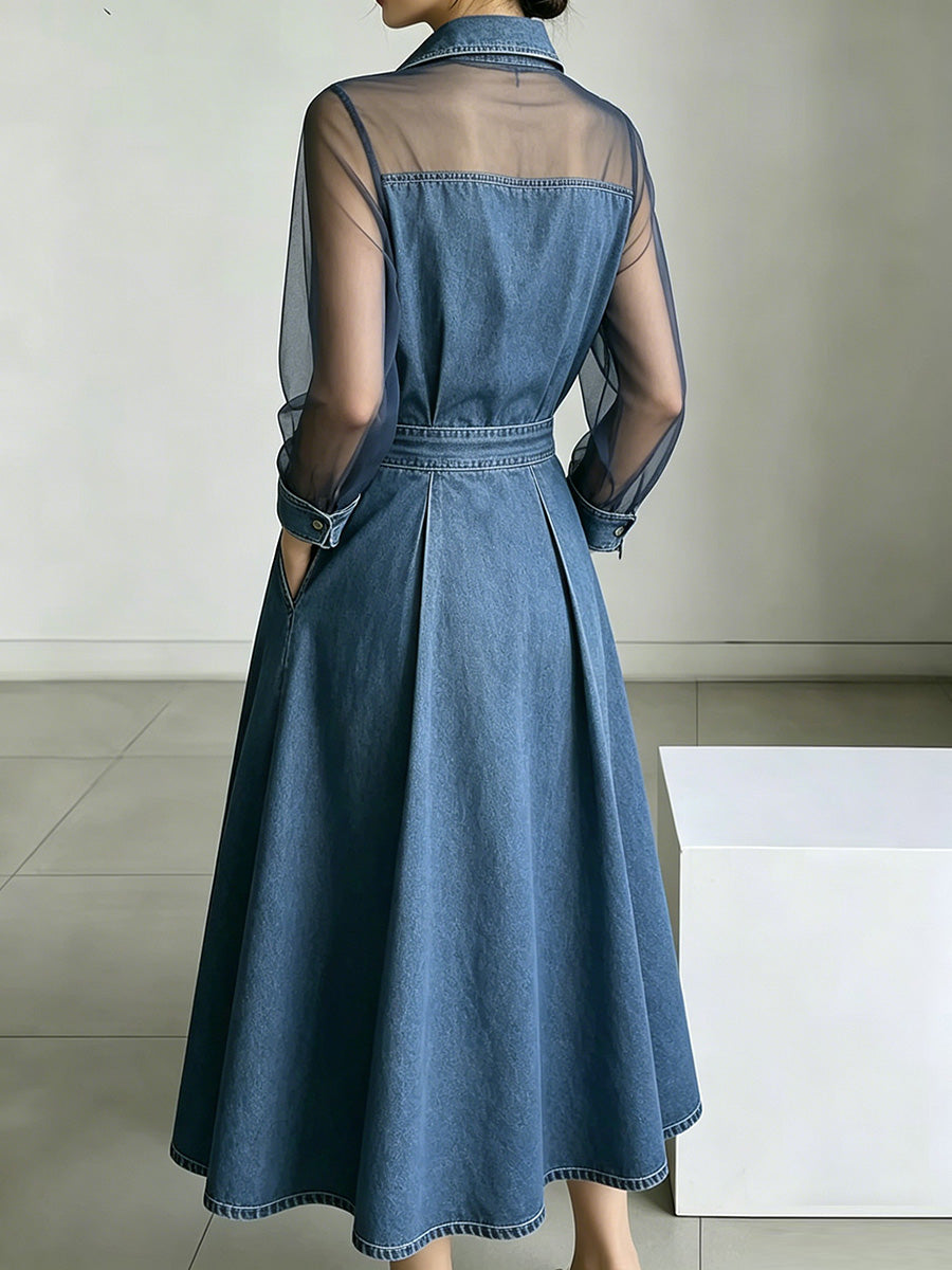 A-Line High Waisted Buttoned Pockets See-Through Solid Color Split-Joint Lapel Maxi Dresses