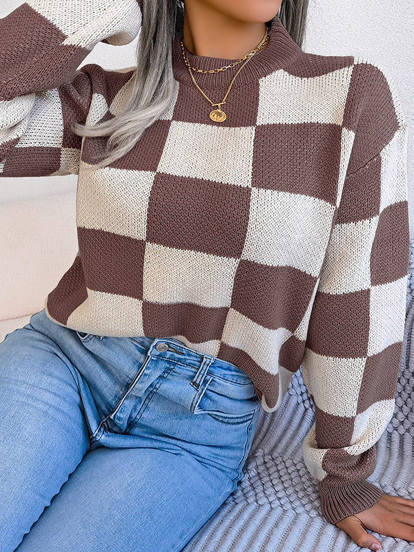 Long Sleeves Loose Contrast Color Plaid Round-Neck Sweater Tops
