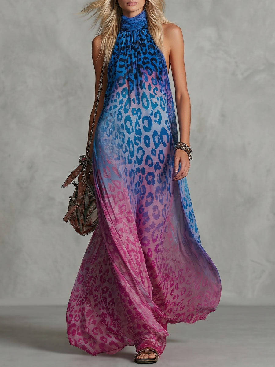 A-Line Sleeveless Contrast Color Leopard Pleated Printed Split-Joint Mock Neck Maxi Dresses