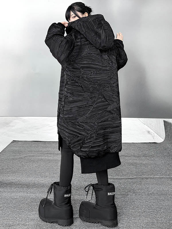 High-Low Irregularity Abstract Printed Contrast Color Split-Joint Zipper Hooded Outerwear Overcoat